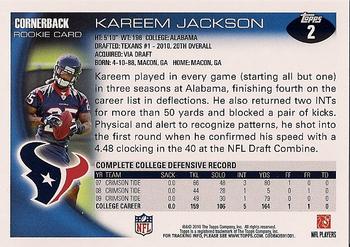 2010 Topps #2 Kareem Jackson  Back