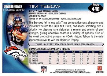 2010 Topps #440 Tim Tebow Back