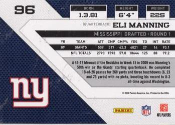 2010 Panini Threads #96 Eli Manning  Back
