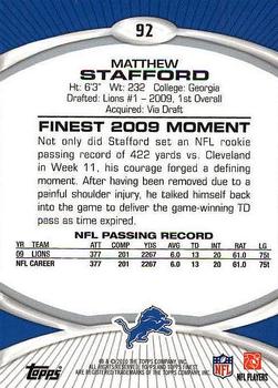 2010 Finest #92 Matthew Stafford  Back