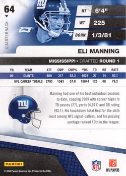 2010 Panini Absolute Memorabilia #64 Eli Manning  Back