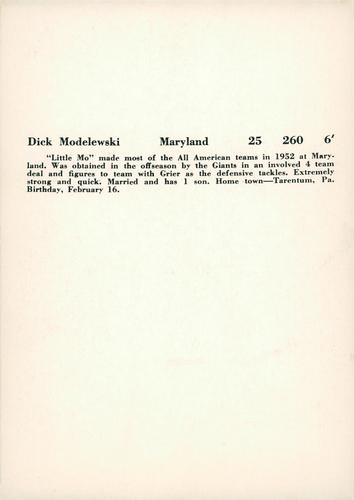 1956 Jay Publishing New York Giants #NNO Dick Modzelewski Back
