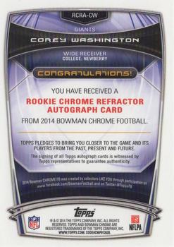 2014 Bowman Chrome - Rookie Autographs Refractors #RCRA-CW Corey Washington Back