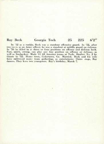 1957 Jay Publishing New York Giants #NNO Ray Beck Back