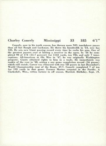 1957 Jay Publishing New York Giants #NNO Charlie Conerly Back