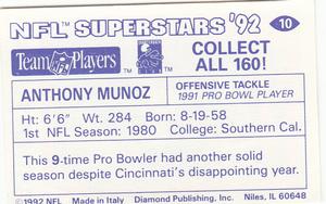 1992 Diamond NFL Superstars Stickers #10 Anthony Munoz Back