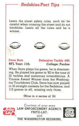 1983 Washington Redskins Police #9 Dave Butz Back