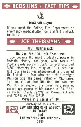 1985 Washington Redskins Police #7 Joe Theismann Back