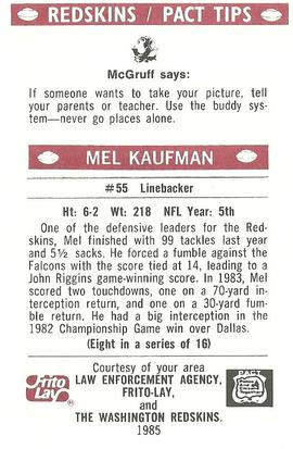 1985 Washington Redskins Police #8 Mel Kaufman Back
