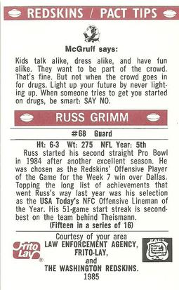 1985 Washington Redskins Police #15 Russ Grimm Back