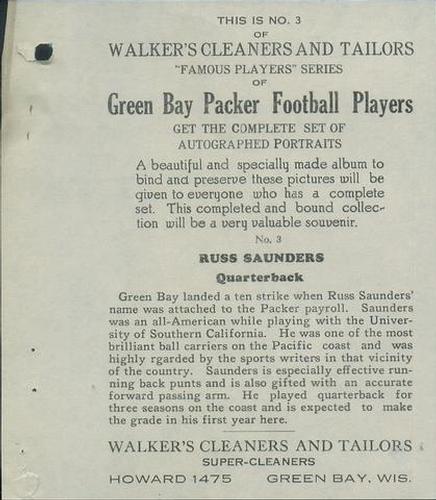 1932 Walker's Cleaners Green Bay Packers #3 Russ Saunders Back