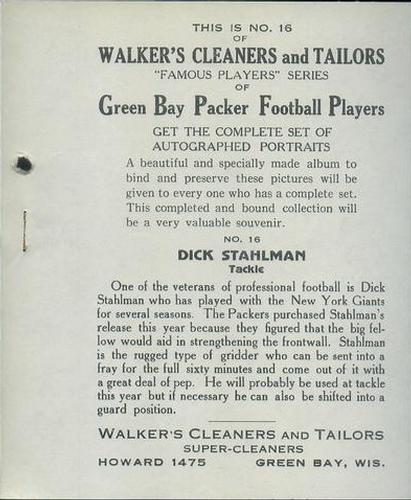 1932 Walker's Cleaners Green Bay Packers #16 Dick Stahlman Back