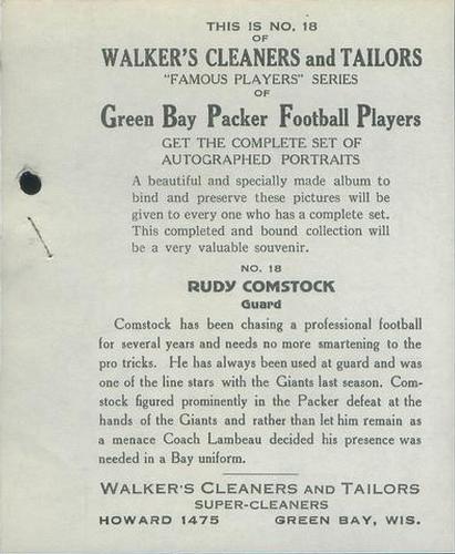 1932 Walker's Cleaners Green Bay Packers #18 Rudy Comstock Back