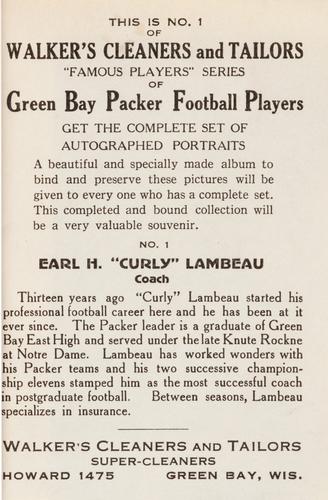 1932 Walker's Cleaners Green Bay Packers #1 Curly Lambeau Back