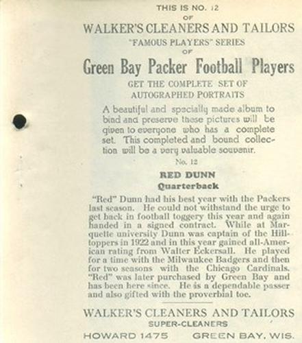 1932 Walker's Cleaners Green Bay Packers #12 Red Dunn Back