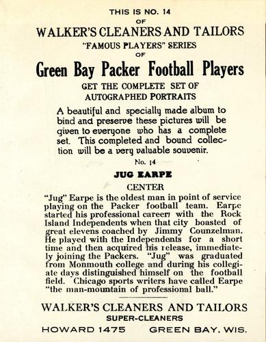 1932 Walker's Cleaners Green Bay Packers #14 Jug Earp Back