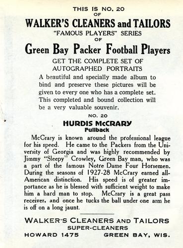 1932 Walker's Cleaners Green Bay Packers #20 Hurdis McCrary Back