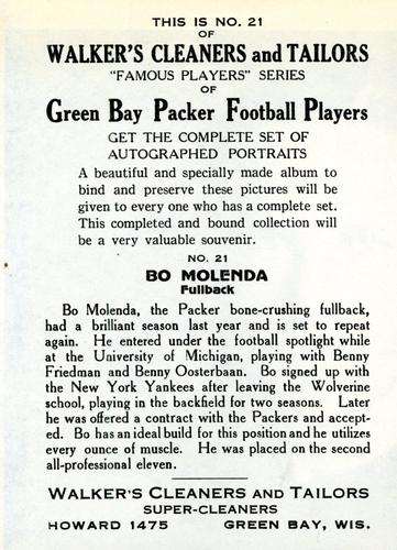 1932 Walker's Cleaners Green Bay Packers #21 Bo Molenda Back