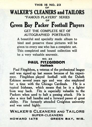 1932 Walker's Cleaners Green Bay Packers #23 Paul Fitzgibbon Back