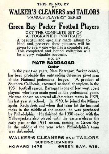 1932 Walker's Cleaners Green Bay Packers #27 Nate Barragar Back