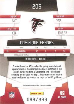 2010 Panini Certified #205 Dominique Franks  Back