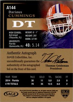 2015 SAGE HIT - Autographs Red #A144 Darious Cummings Back