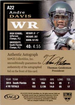 2015 SAGE HIT - Autographs Black #A22 Andre Davis Back