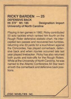 1983 JOGO CFL Limited #NNO Ricky Barden Back