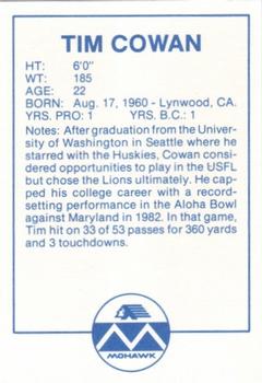 1983 Mohawk B.C. Lions #NNO Tim Cowan Back