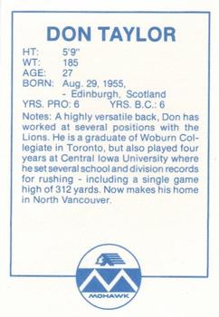 1983 Mohawk B.C. Lions #NNO Don Taylor Back