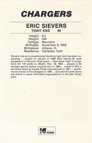 1985 Kodak San Diego Chargers #NNO Eric Sievers Back