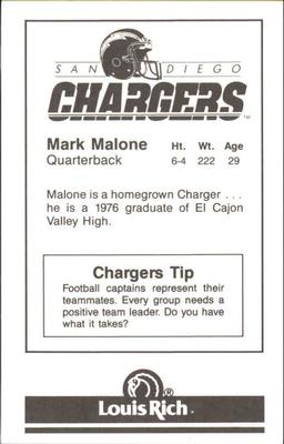 1988 San Diego Chargers Police #8 Mark Malone Back