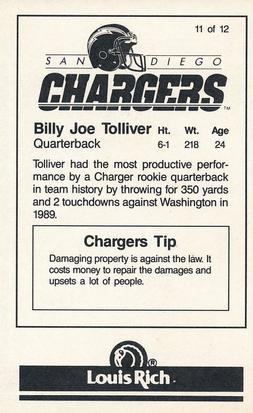 1990 San Diego Chargers Police #11 Billy Joe Tolliver Back