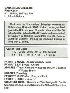 1989 Kentucky Fried Chicken Calgary Stampeders (CFL) #NNO Mark McLoughlin Back