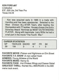 1989 Kentucky Fried Chicken Calgary Stampeders (CFL) #NNO Ken Ford Back