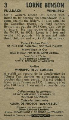 1954 Blue Ribbon Tea CFL #3 Lorne Benson Back