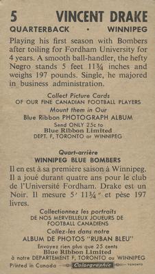 1954 Blue Ribbon Tea CFL #5 Vincent Drake Back