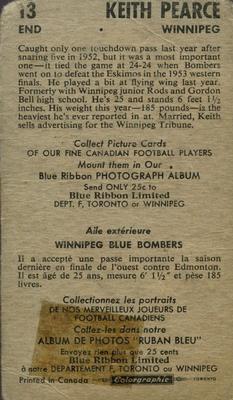1954 Blue Ribbon Tea CFL #13 Keith Pearce Back