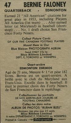 1954 Blue Ribbon Tea CFL #47 Bernie Faloney Back