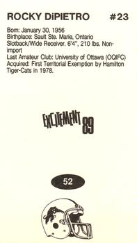 1989 Vachon CFL #52 Rocky DiPietro Back