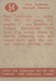 1952 Parkhurst CFL #54 Dave Tomlinson Back