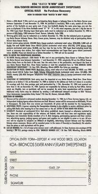 1984 KOA Denver Broncos #NNO Bill Van Heusen Back
