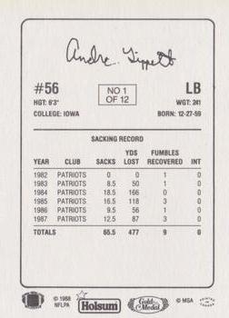 1988 Holsum New England Patriots #1 Andre Tippett Back