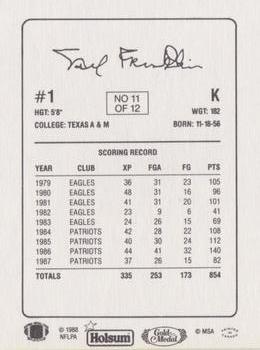 1988 Holsum New England Patriots #11 Tony Franklin Back