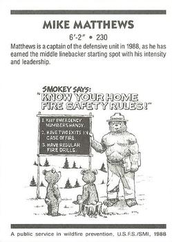 1988 Oregon State Beavers Smokey #NNO Mike Matthews Back