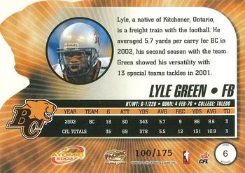 2003 Pacific Atomic CFL - Gold #6 Lyle Green Back