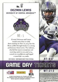 2015 Panini Contenders Draft Picks - Game Day Tickets #67 Dezmin Lewis Back