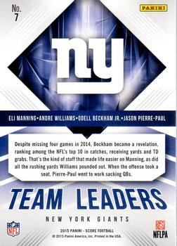 2015 Score - Team Leaders Green #7 Andre Williams / Eli Manning / Jason Pierre-Paul / Odell Beckham Jr. Back