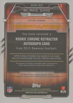 2015 Bowman - Rookie Chrome Refractor Autographs #RCRA-BSI Blake Sims Back