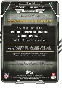 2015 Bowman - Rookie Chrome Refractor Autographs Gold #RCRA-TLI Tony Lippett Back